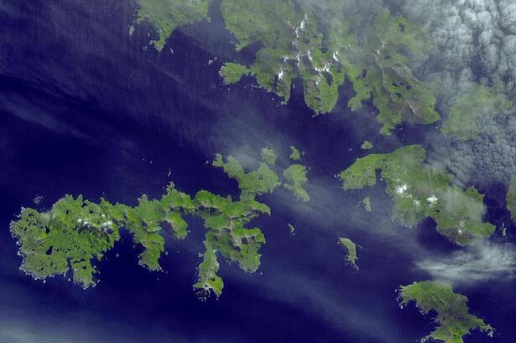 Satellite image of the Wollaston Islands (upper right), the Hermite Islands (center), and Cape Horn (lower right)