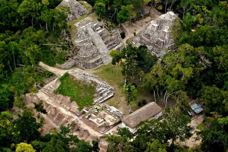 Aerial view of Yaxhá ruins, Mesoamerican archaeological site, Guatemala