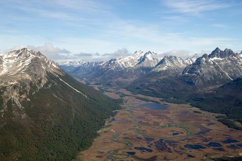 Aerial view of Valle Carbajal (terminus) in the Southern Andes, Tierra del Fuego Province, Argentina