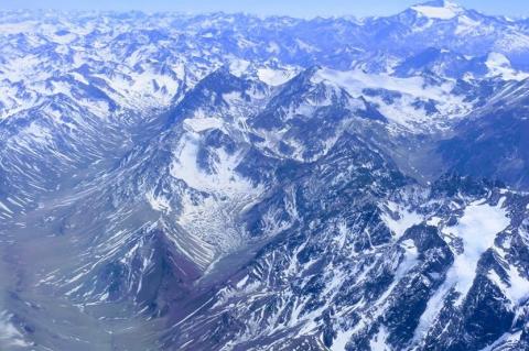 Aerial view of the Andes Mountains over Argentina/Chile border 