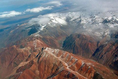 Aerial view of the Dry Andes between Santiago, Chile and Cordoba, Argentina