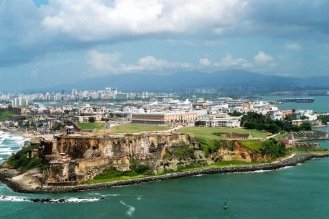 Aeriel view of Old San Juan with the Luquillo Mountain Range (Sierra de Luquillo) in the background