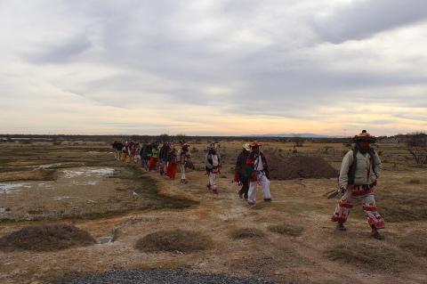 A group of Wixárika (Huichol) pilgrims making their journey 